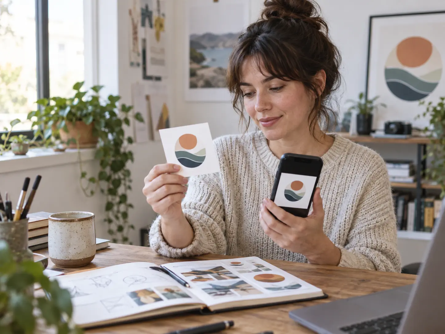 Creator reviewing abstract channel marks as a small profile badge and printed social card