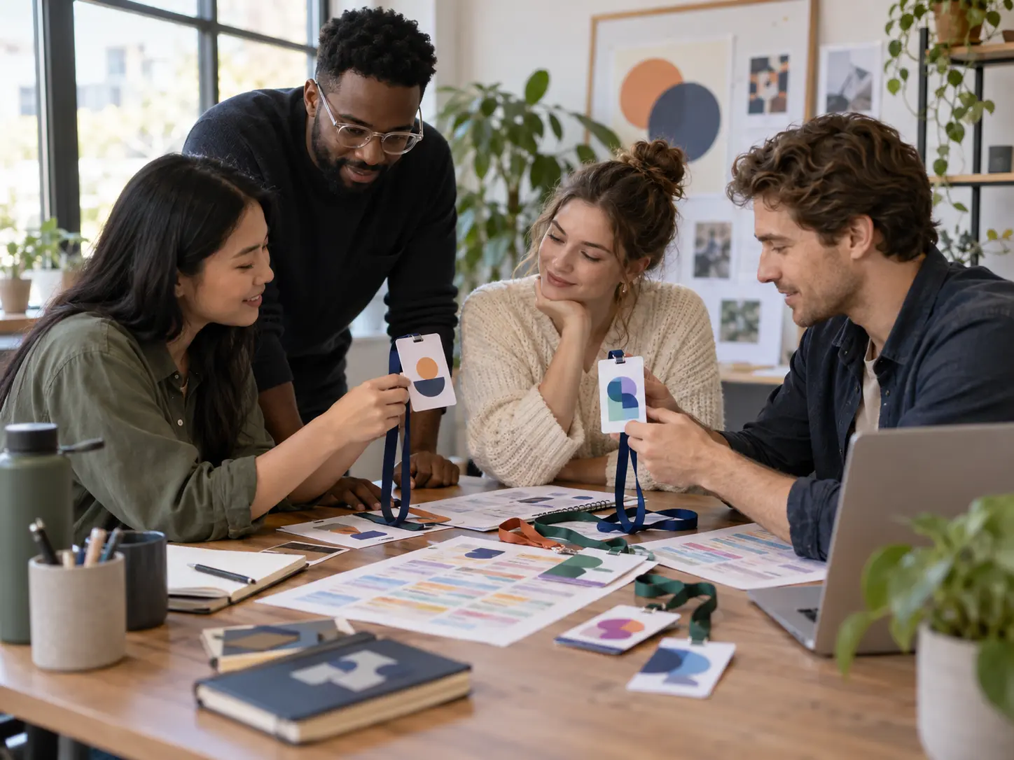 Project team comparing abstract event badge concepts at a table with printed schedules