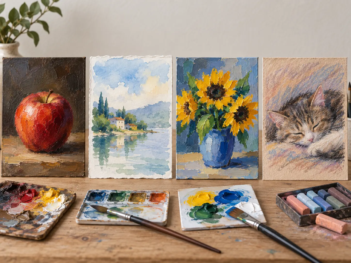 AI painting generator studies comparing oil, watercolor, acrylic, and gouache texture