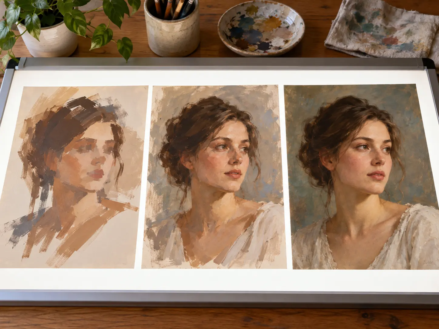 Sequence of AI painting drafts refined through one prompt change at a time
