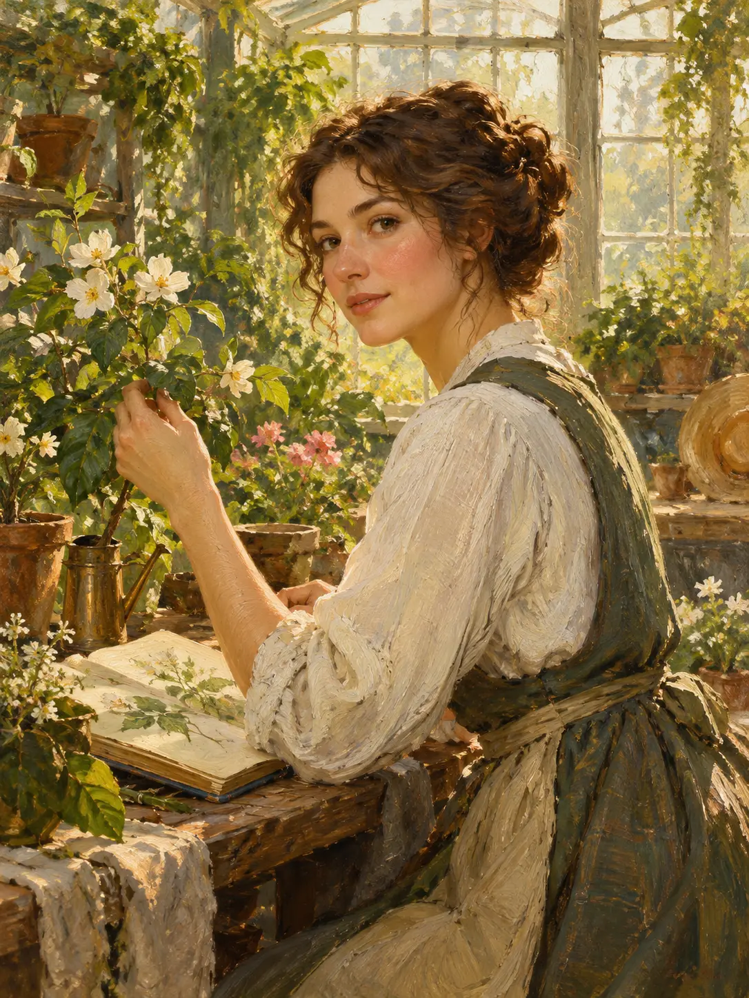 AI painting generator portrait of a botanist in a sunlit greenhouse with visible oil brush texture