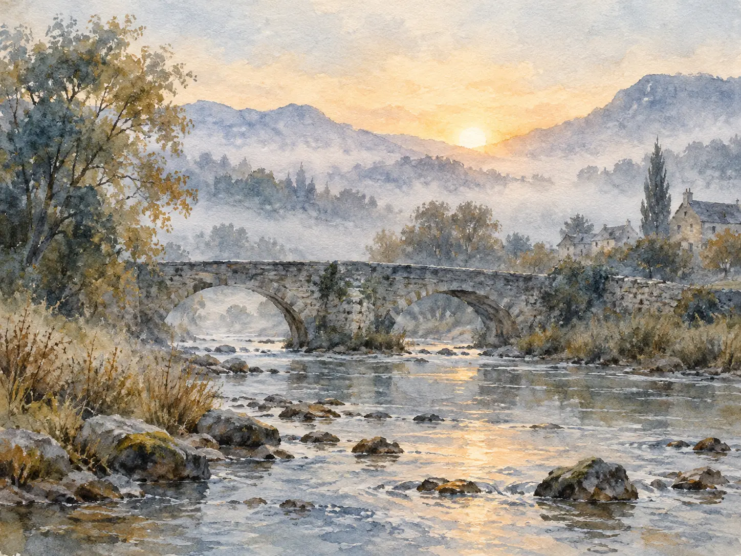 AI painting generator landscape created with soft watercolor washes on a river bridge scene