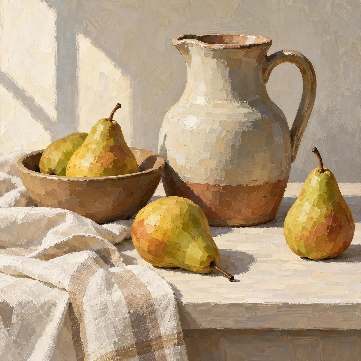 AI painting generator still life of pears and ceramics with visible acrylic paint texture