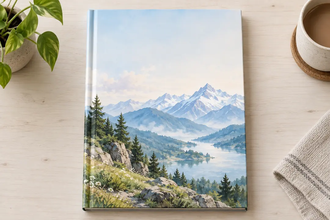 Book cover concept shown through a dramatic painted landscape from an AI painting generator