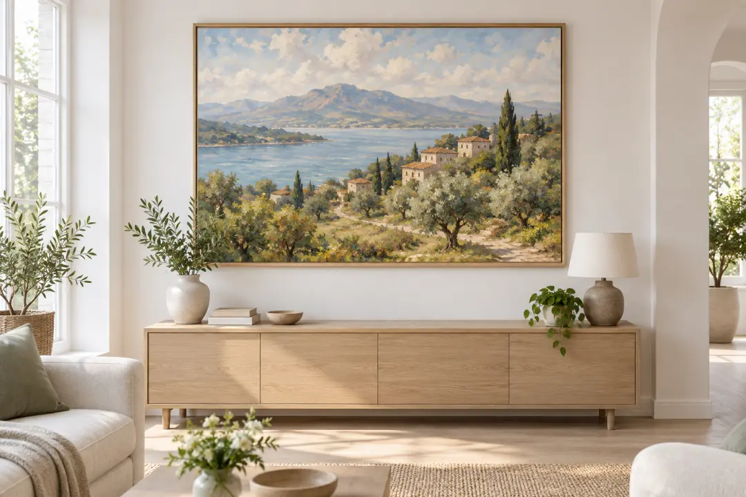 Framed AI painting study displayed as a color and composition reference for an interior