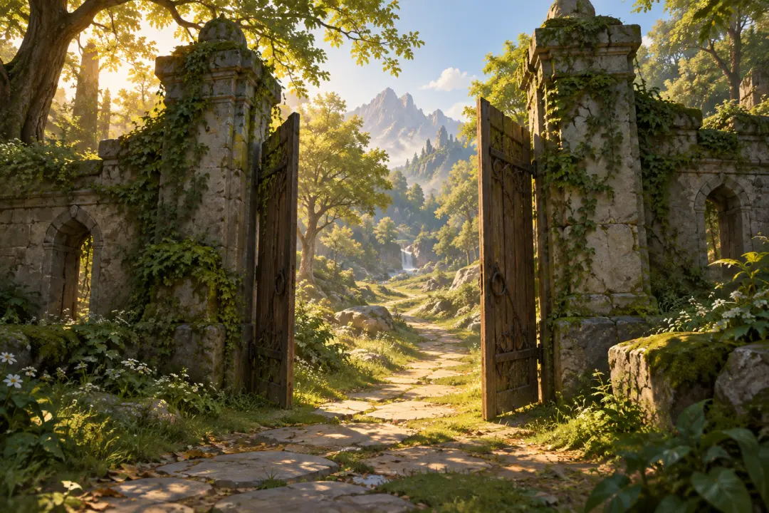 Painted game environment moodboard with a bridge, tower, and dramatic weather