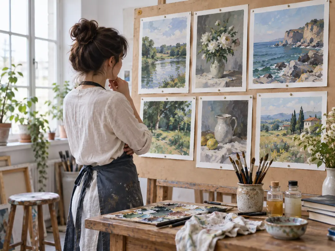 Illustrator reviewing an AI painting composition on a studio desk
