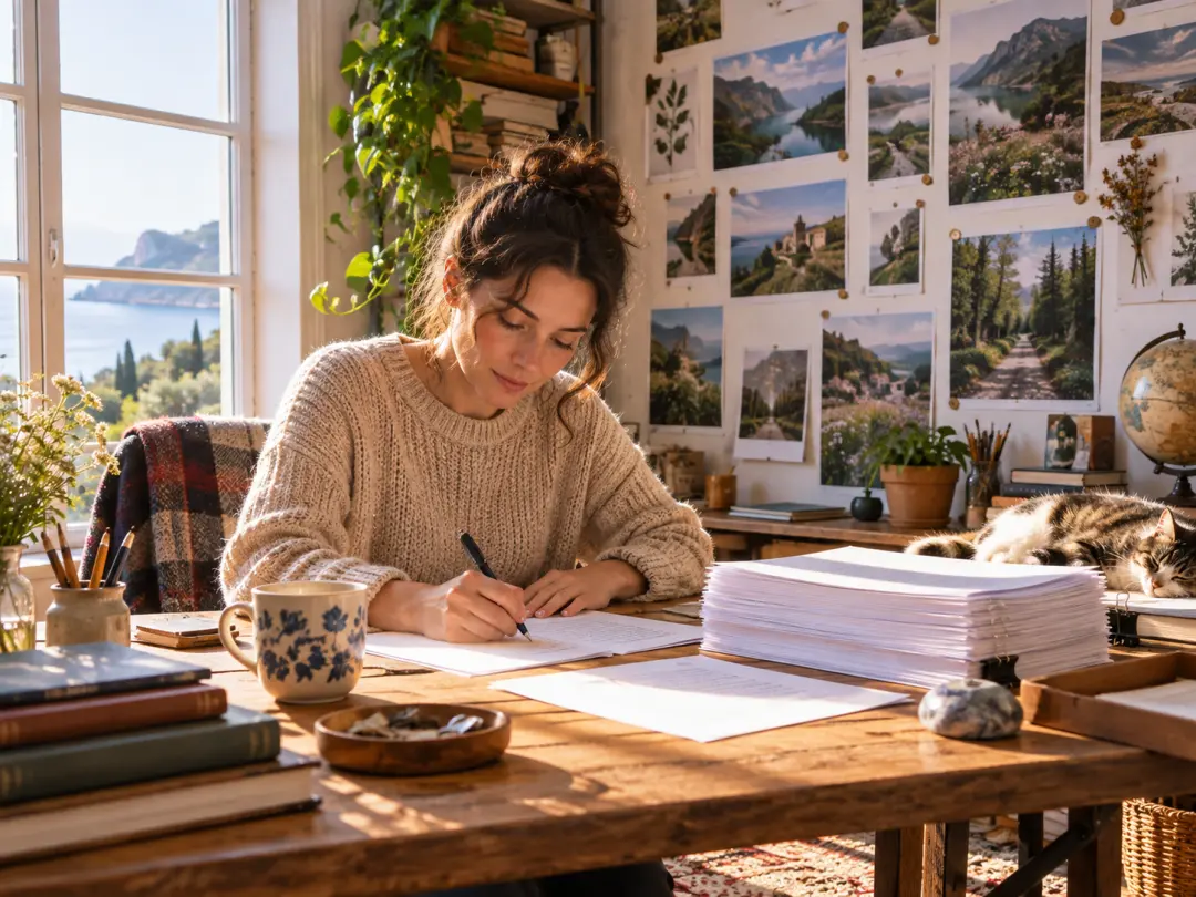 Writer comparing scene notes with an AI painting reference for a story