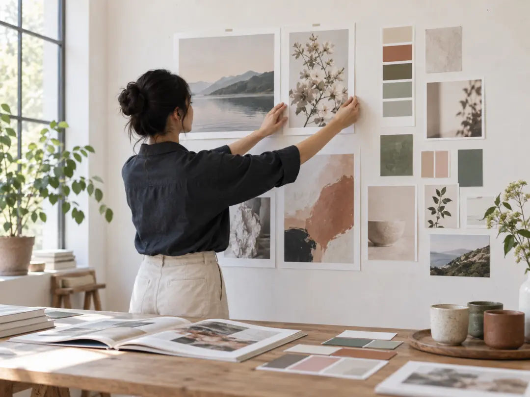 Designer arranging color studies and an AI painting generator reference for art direction