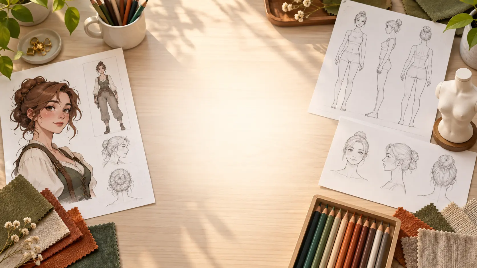 Bright character design table with original portrait studies and neutral studio materials
