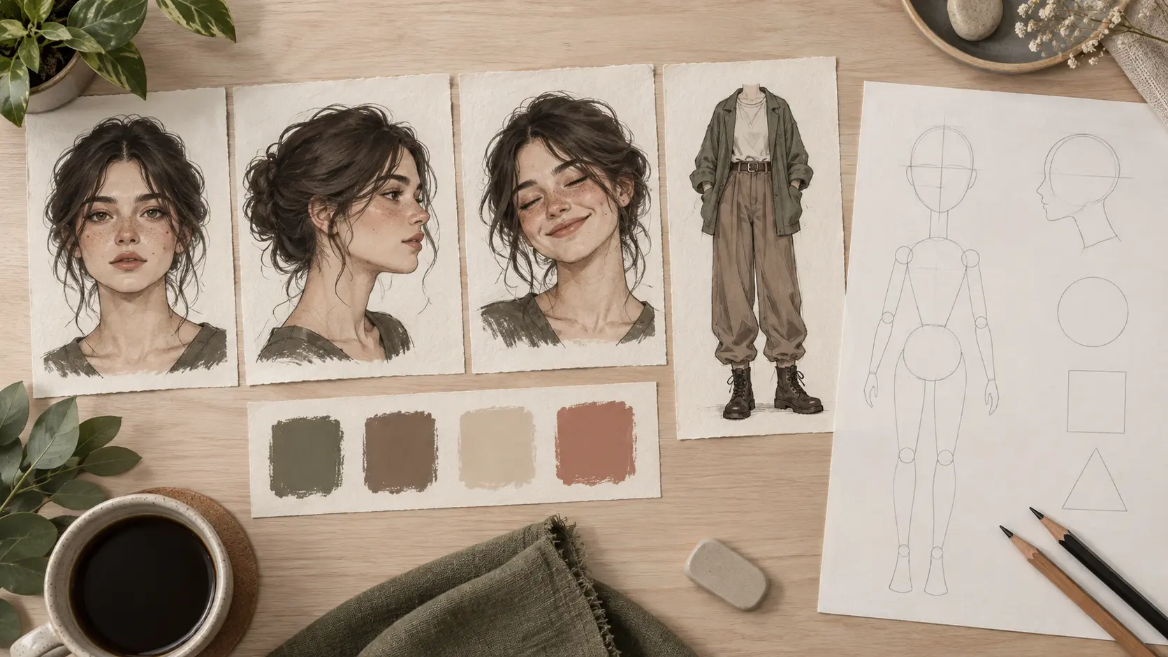 Character profile notes with portrait studies, color swatches, and clothing sketches