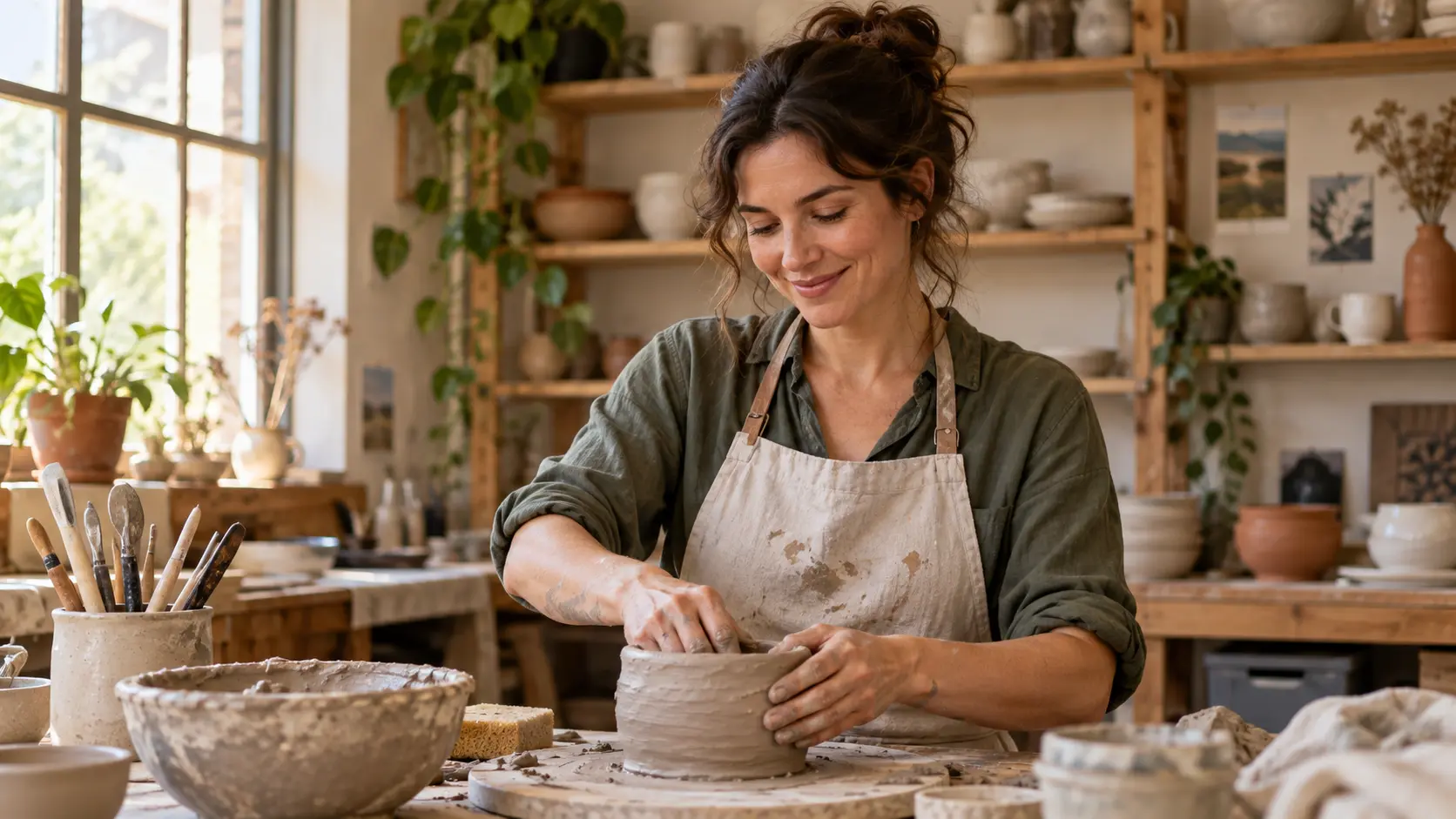 Editorial person portrait in a warm workshop with props and natural window light