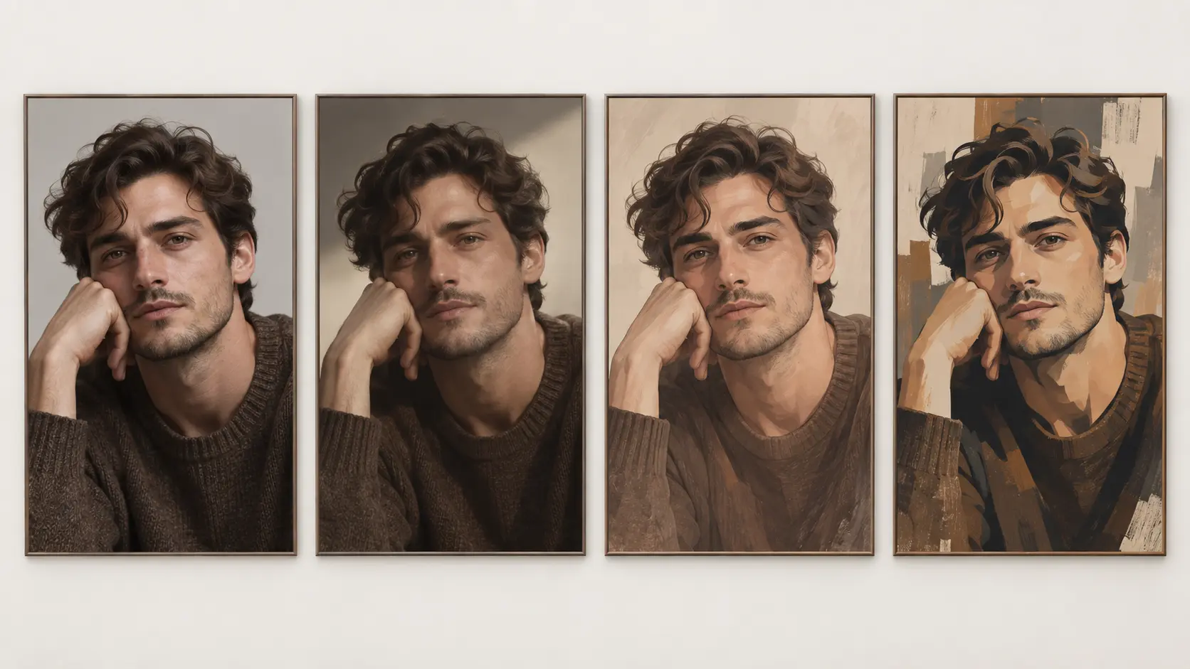 Four portrait directions shown in realistic, editorial, illustrated, and stylized treatments