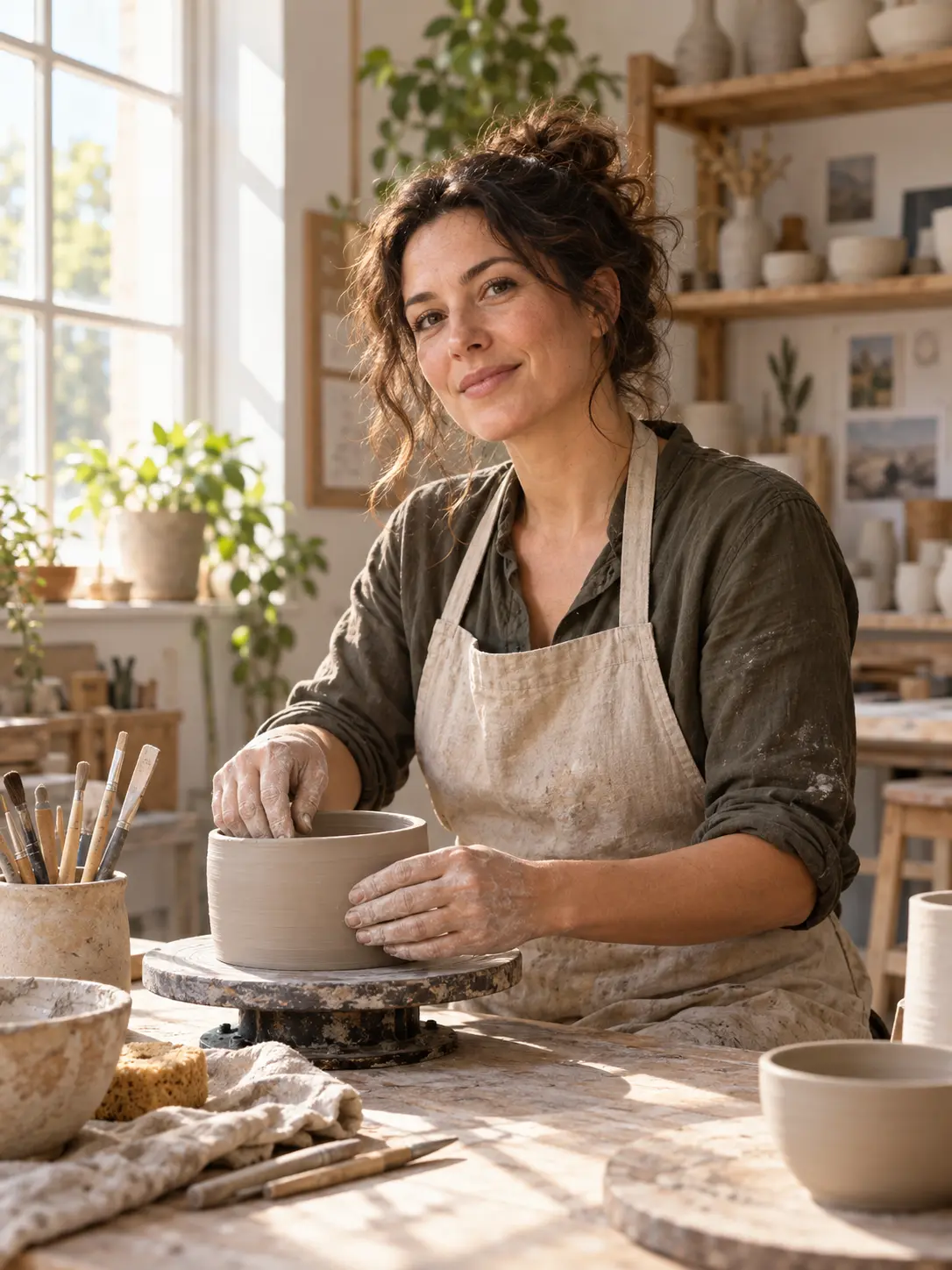 Original AI-generated portrait of a ceramic artist in a sunlit studio