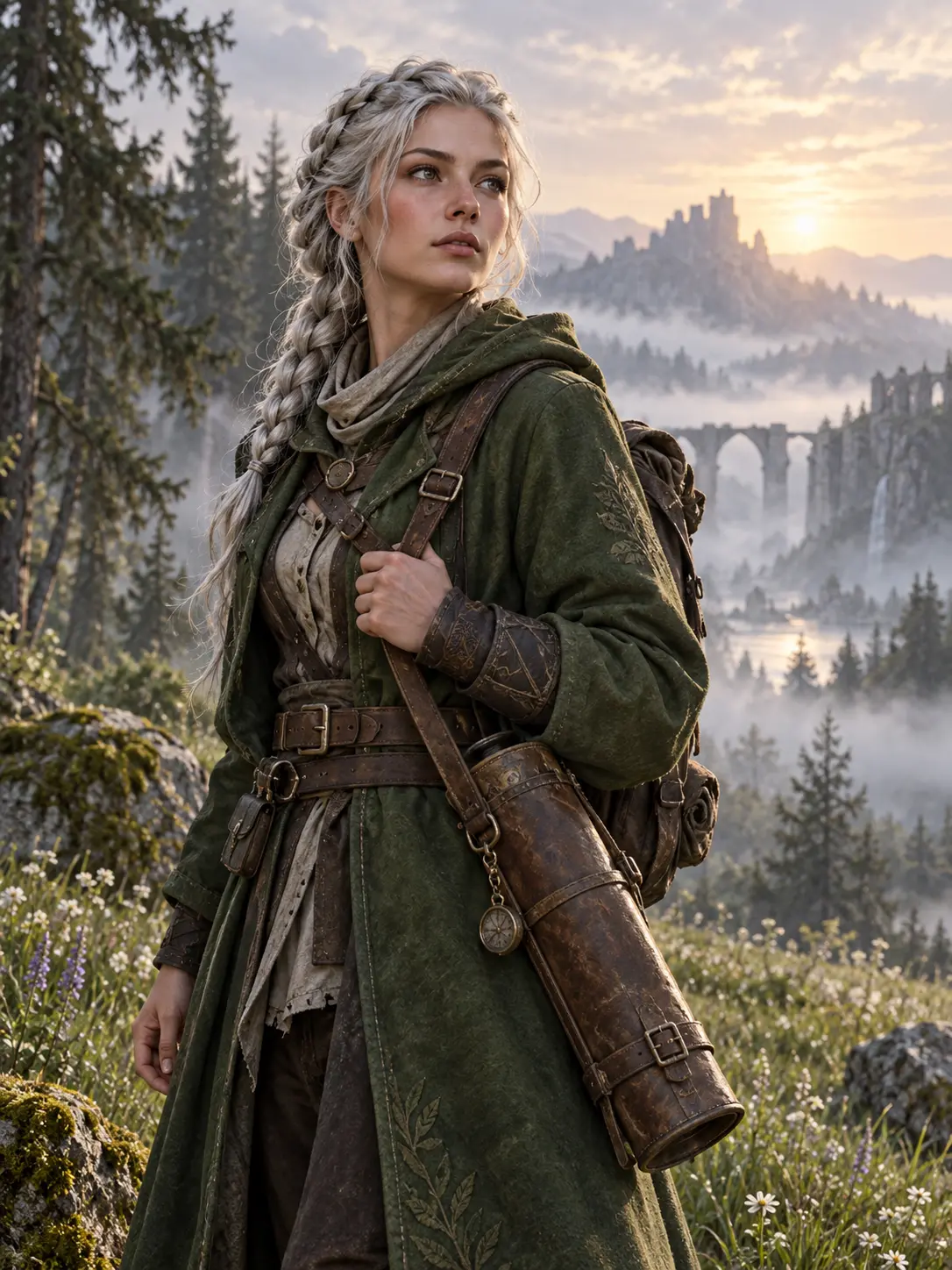 Original fantasy explorer portrait standing in a misty forest meadow
