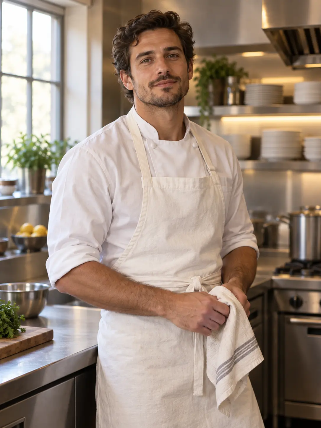Original AI-generated portrait of a fictional chef in a restaurant kitchen