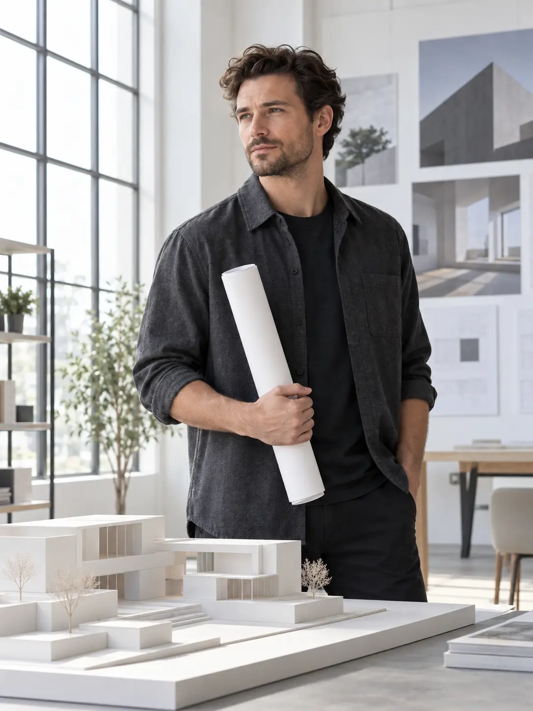 Original AI-generated portrait of a fictional architect beside a scale model