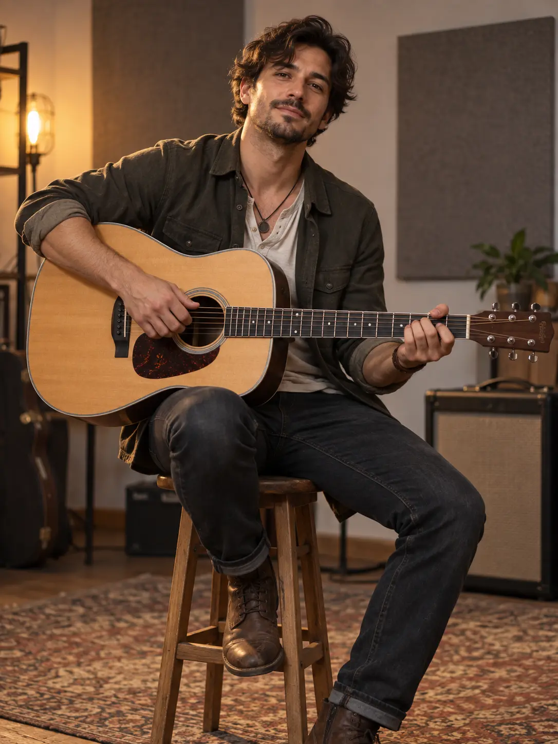 Original AI-generated portrait of a fictional musician with a guitar