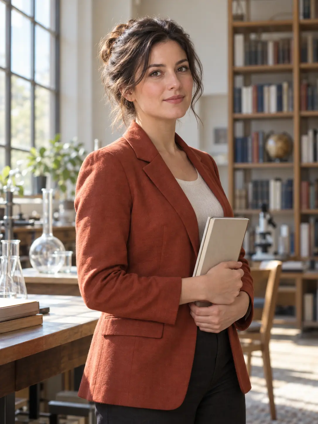 Original AI-generated portrait of a fictional researcher in a science library