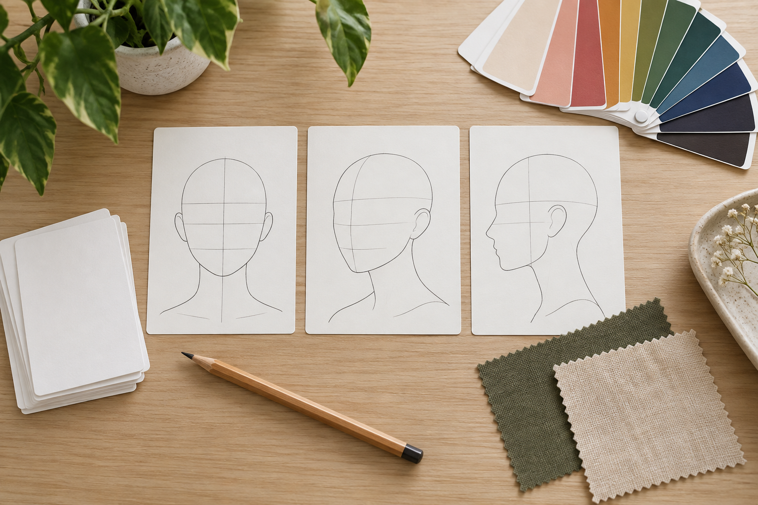 Planning table with blank character cards, portrait references, and color swatches