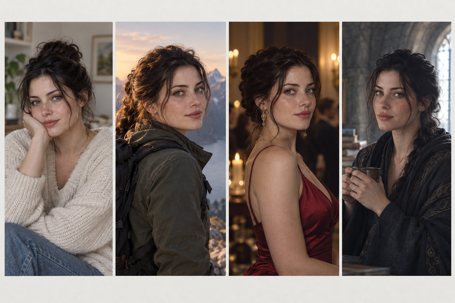 Four original fictional character portraits displayed together for comparison