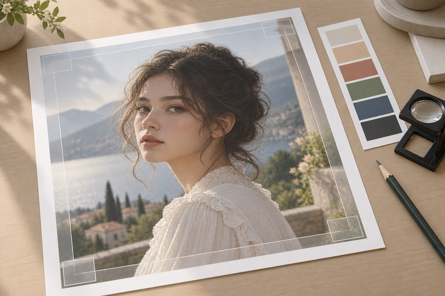 Original character portrait proof being refined with crop guides and color samples