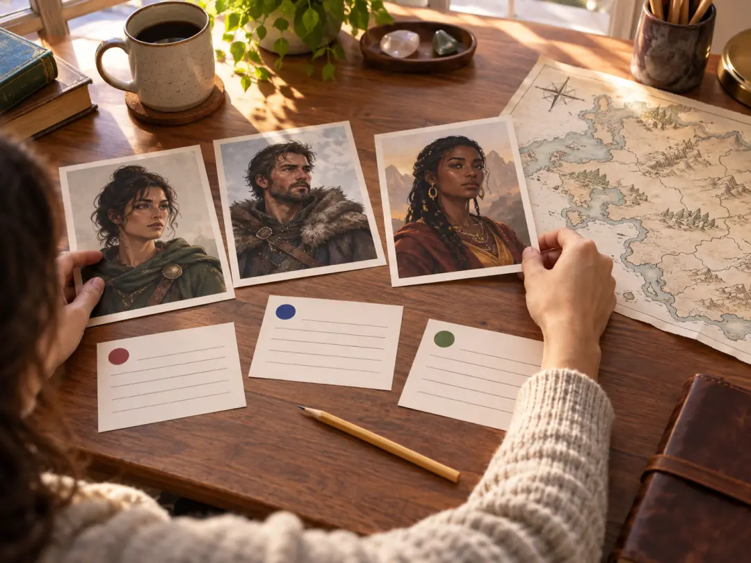 Writer arranging original character portraits and blank story cards