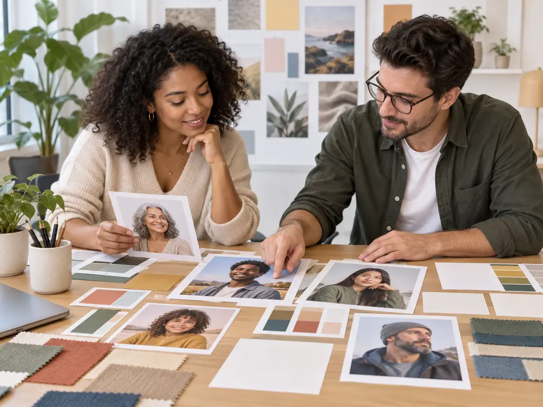 Design team comparing original fictional people in a campaign mood board