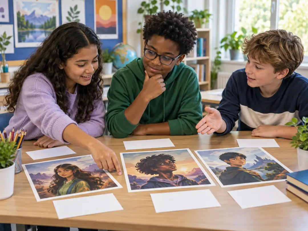 Students using original fictional portraits for a classroom presentation