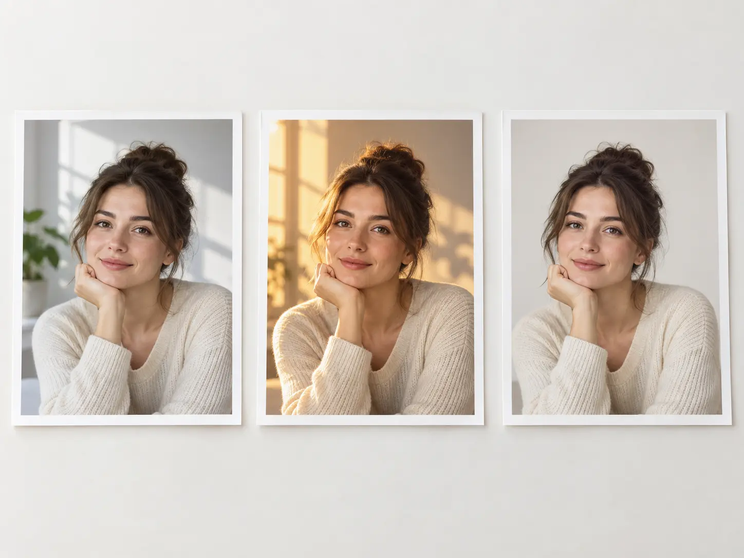 Three versions of a portrait showing soft window, golden hour, and editorial lighting