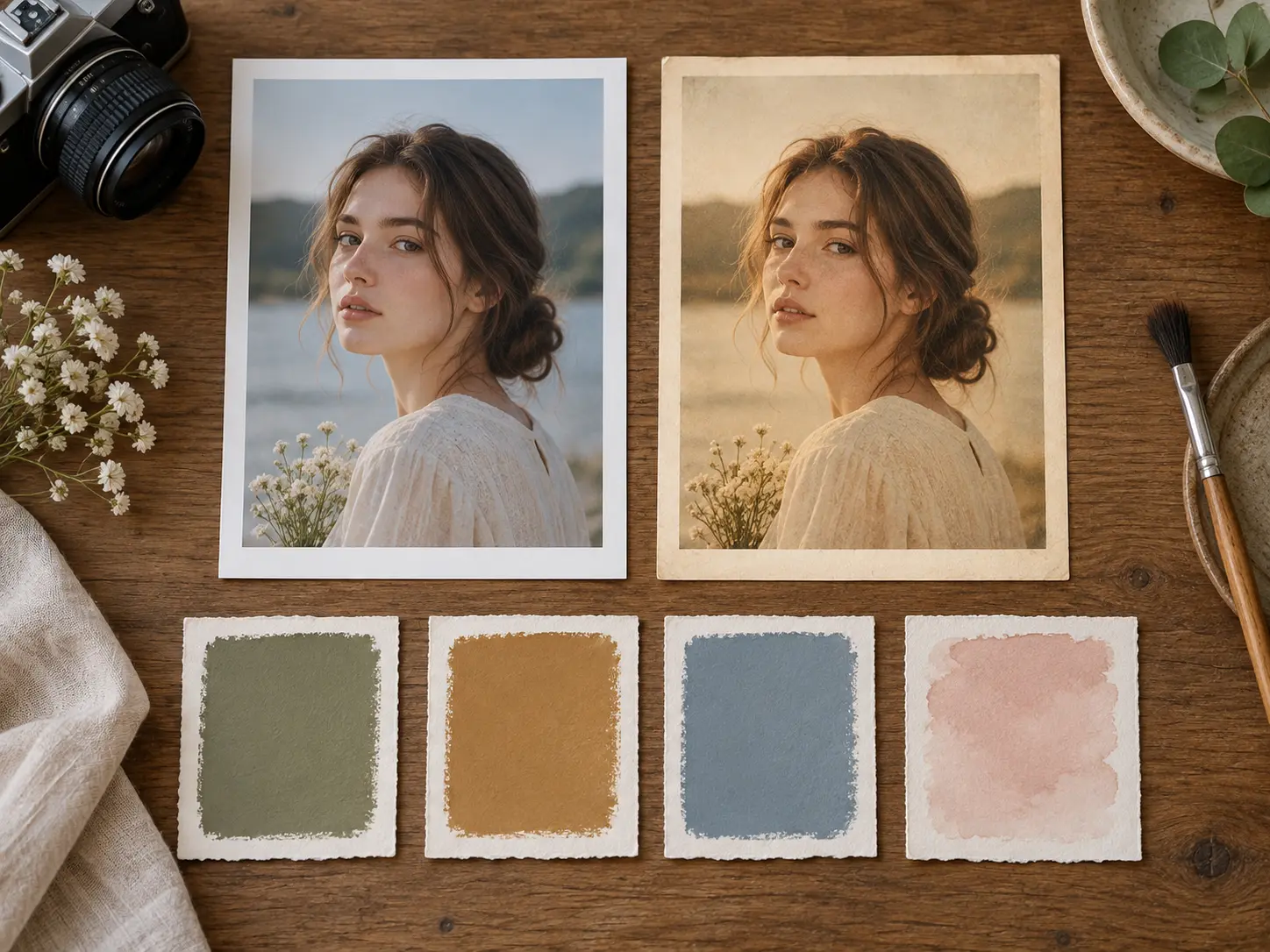 Color grading studies beside an original photo and a modern styled version