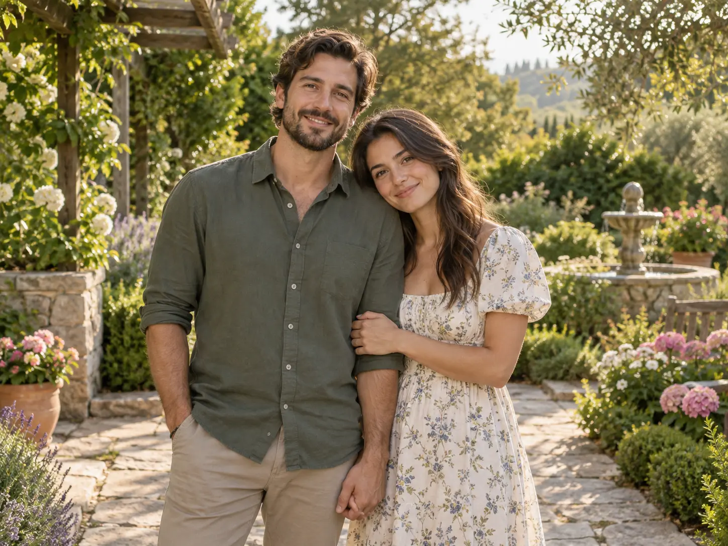 Couple portrait concept placed in a quiet garden with soft afternoon light