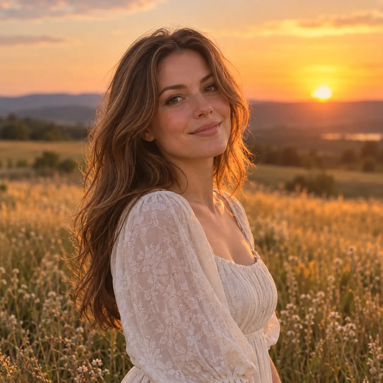 Portrait photo transforming into a warm sunset scene with a modern AI photo changer
