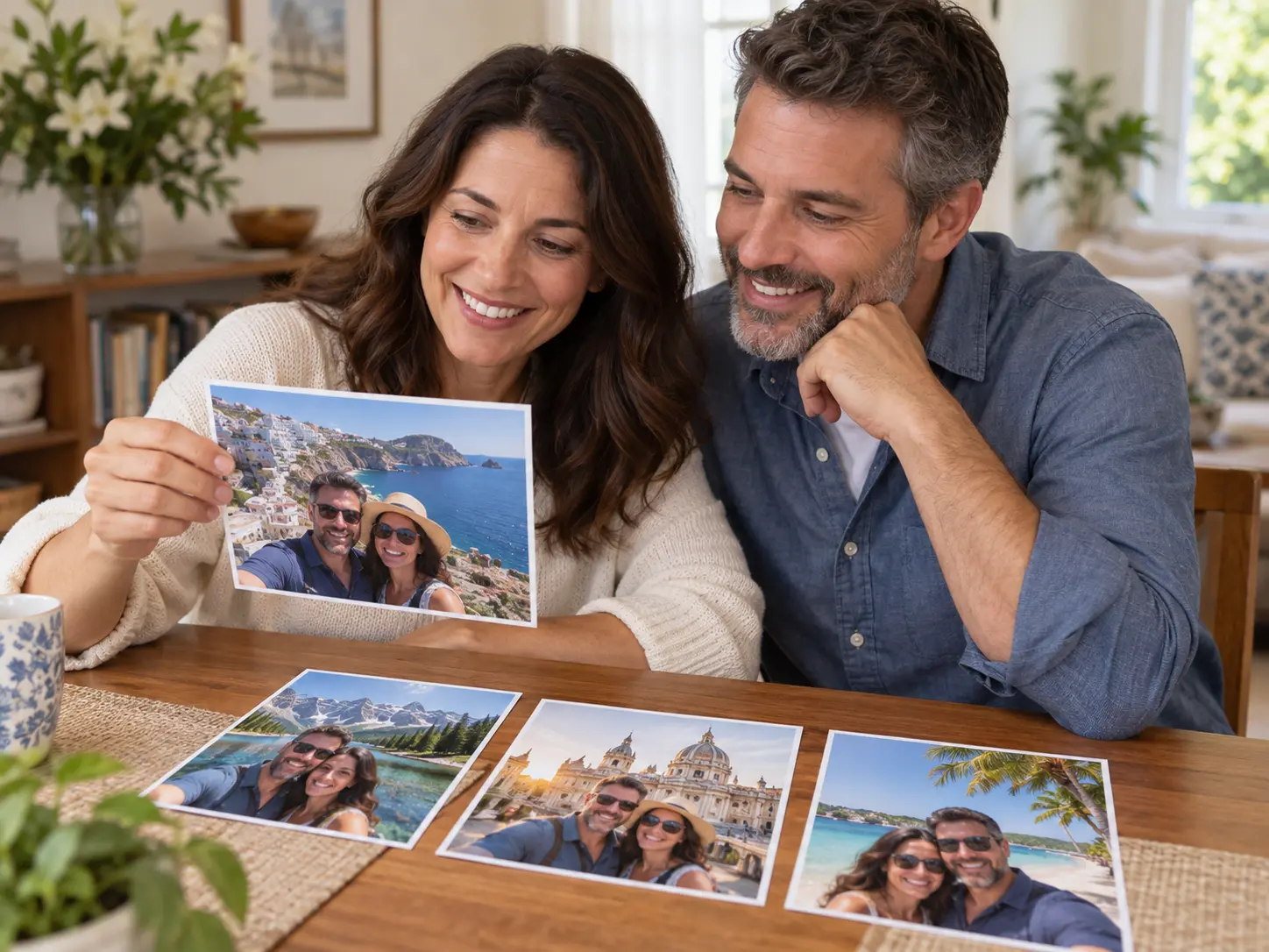 Family members reviewing edited photo gifts together at a bright table