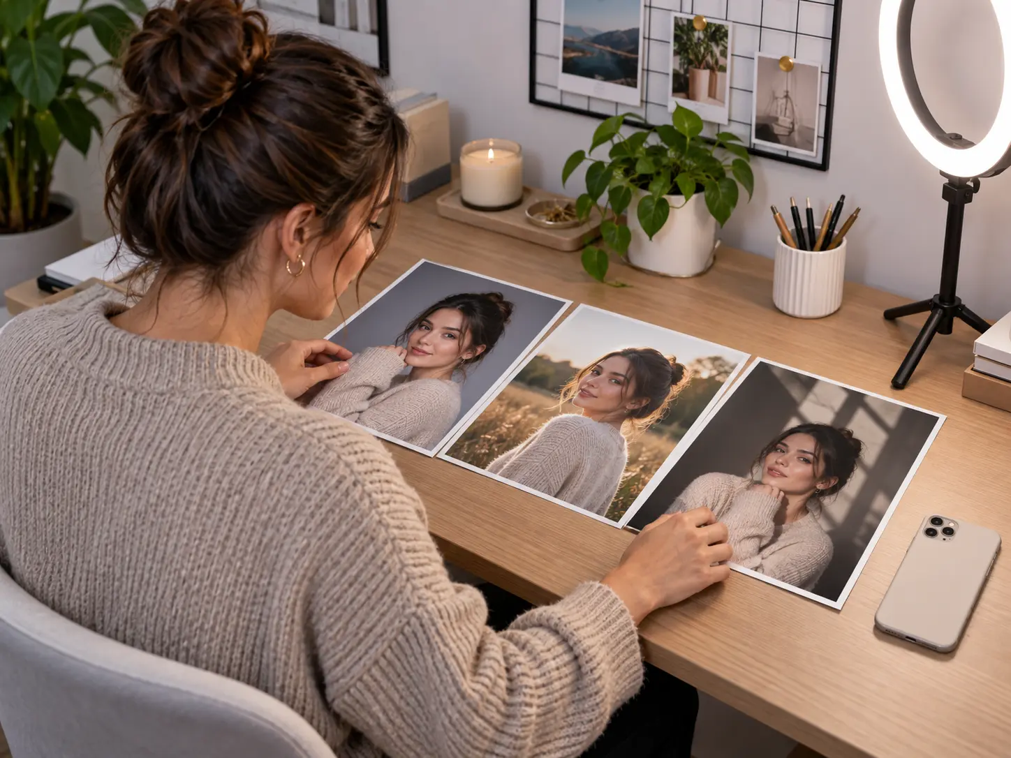 Content creator comparing portrait photo edits on a bright studio desk