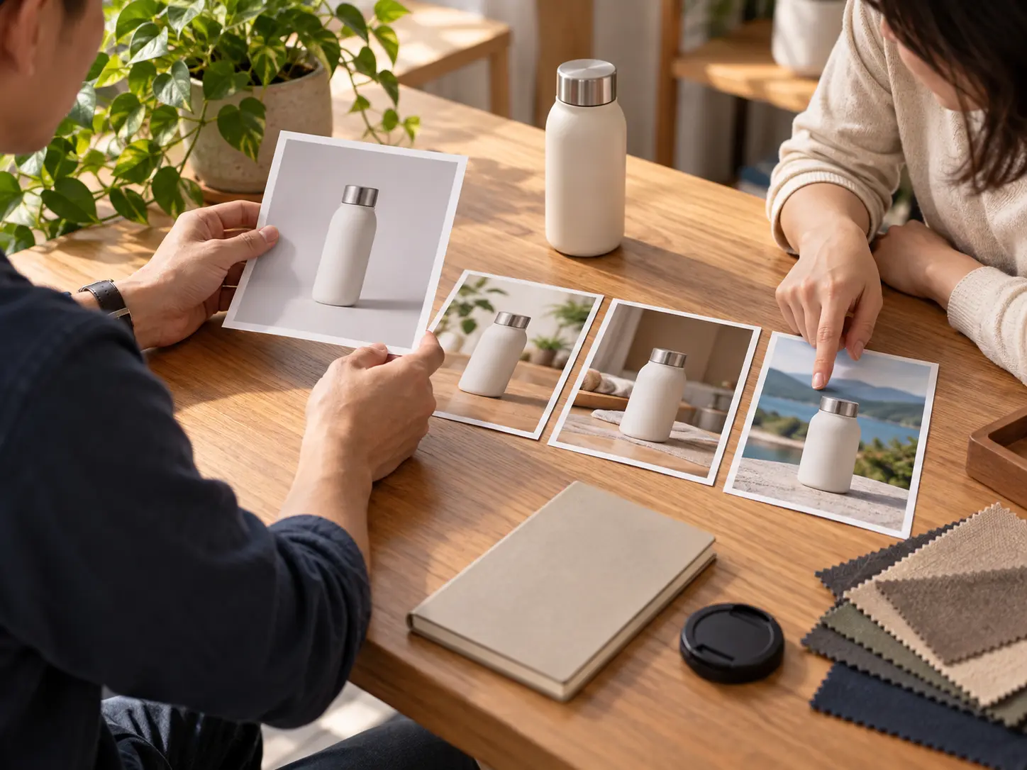 Small business team reviewing product lifestyle photo variations on a worktable