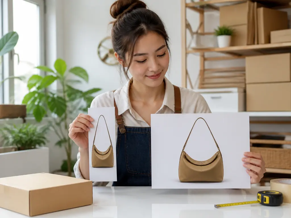 E-commerce seller comparing product photos before and after AI Photo Extender use