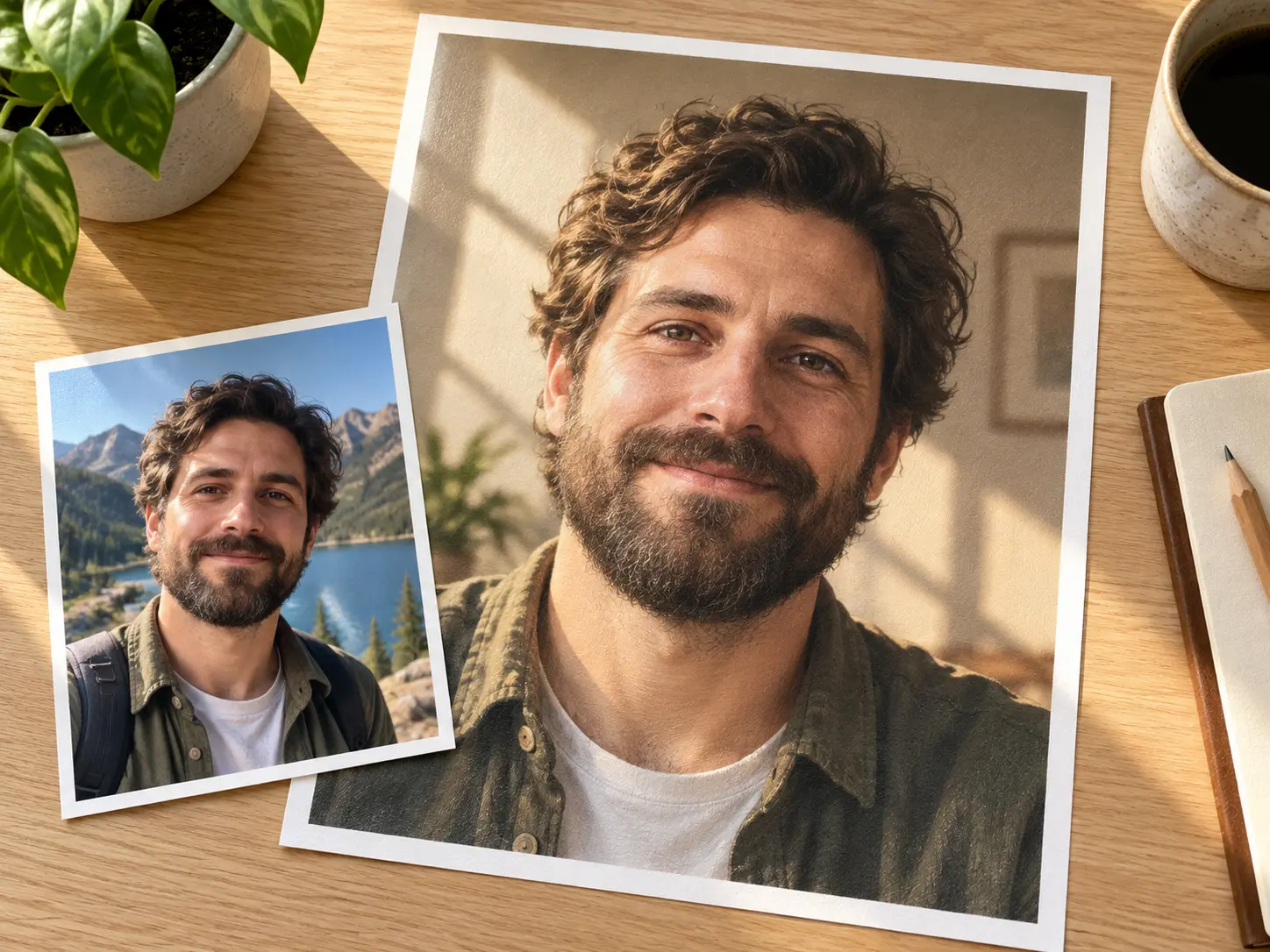 Uploaded reference photo shown beside the new portrait the AI picture generator from photo produced from it