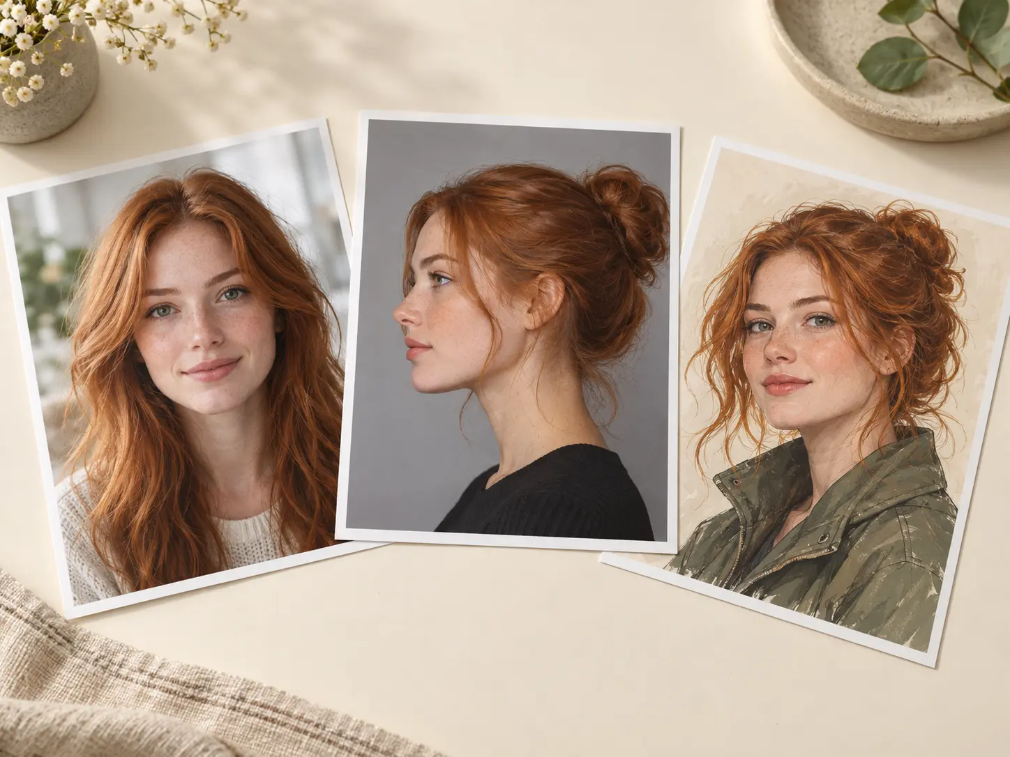 Three finished results from one uploaded portrait: a realistic headshot, a profile avatar, and a drawn character