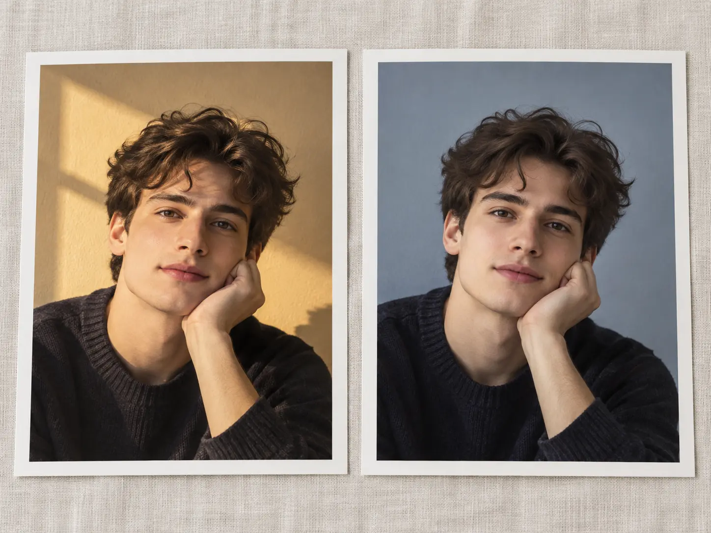 Two portraits generated from the same photo with clearly different lighting and backgrounds