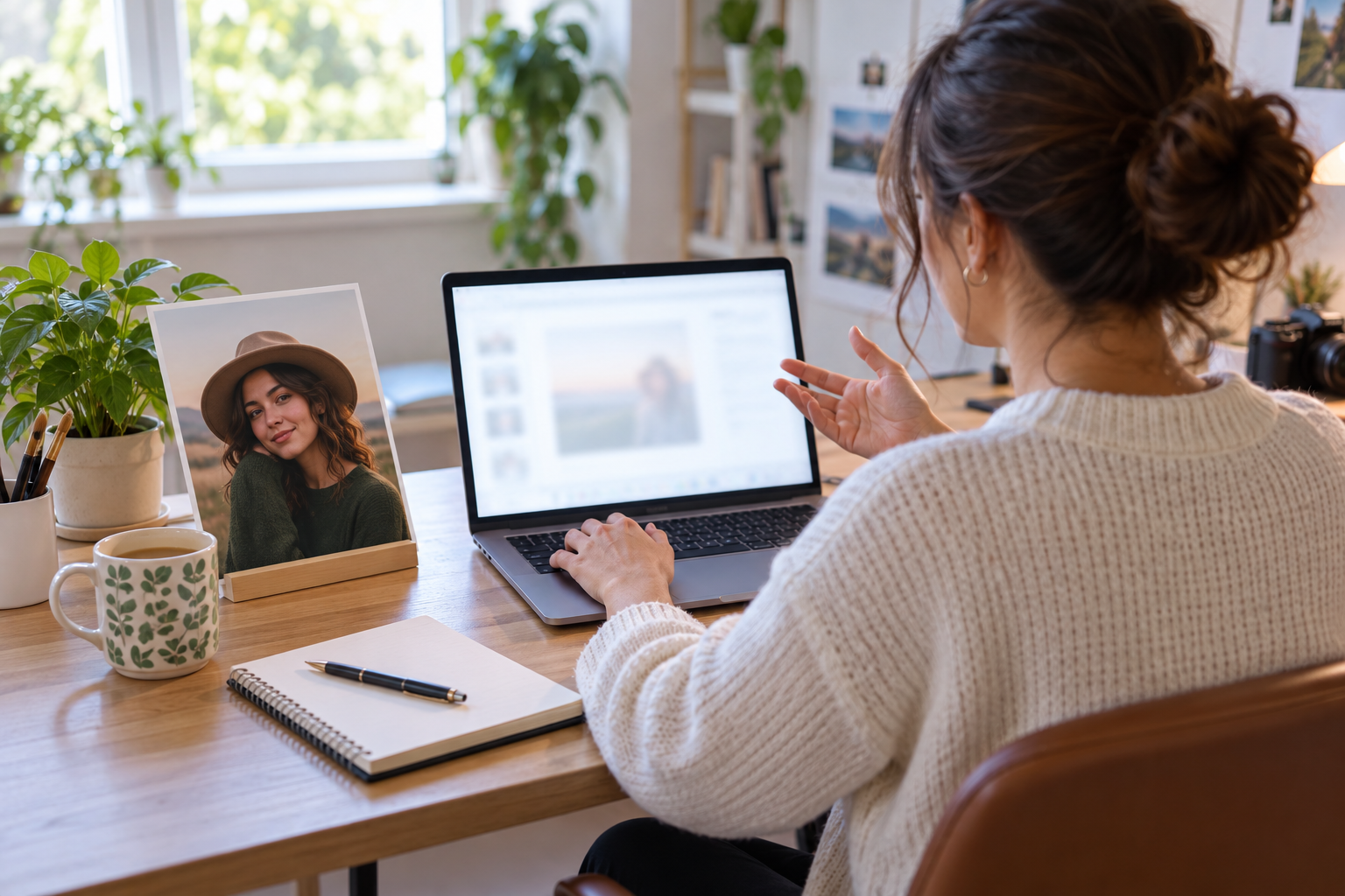 A creator at a bright desk typing the change they want beside a printed portrait reference