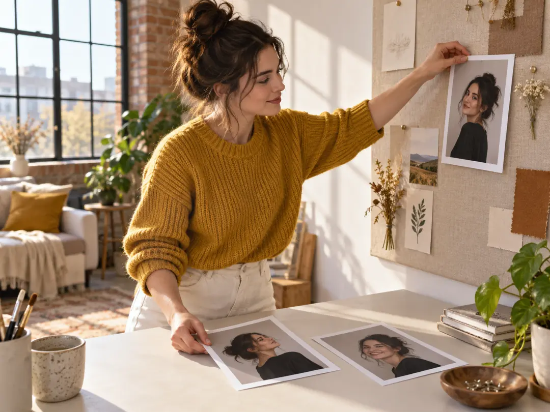 Content creator arranging a consistent set of portraits made by the AI picture generator from photo