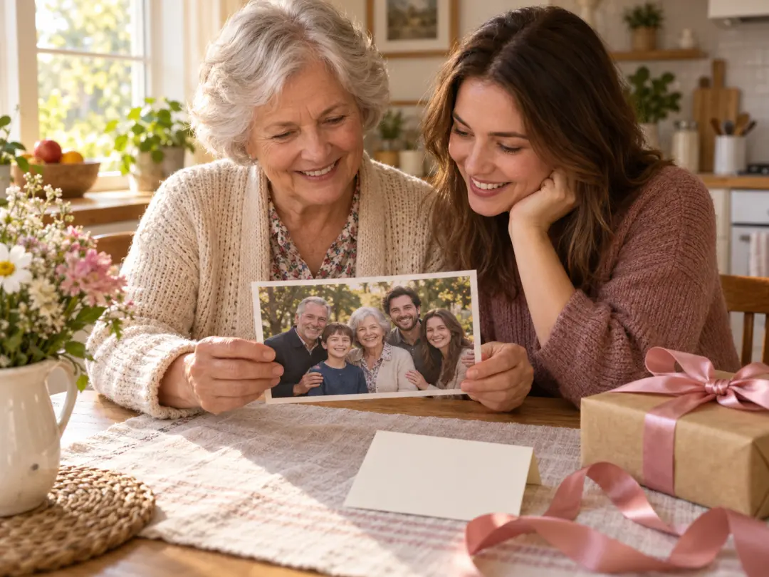 Family members looking at a printed group portrait created from separate uploaded photos