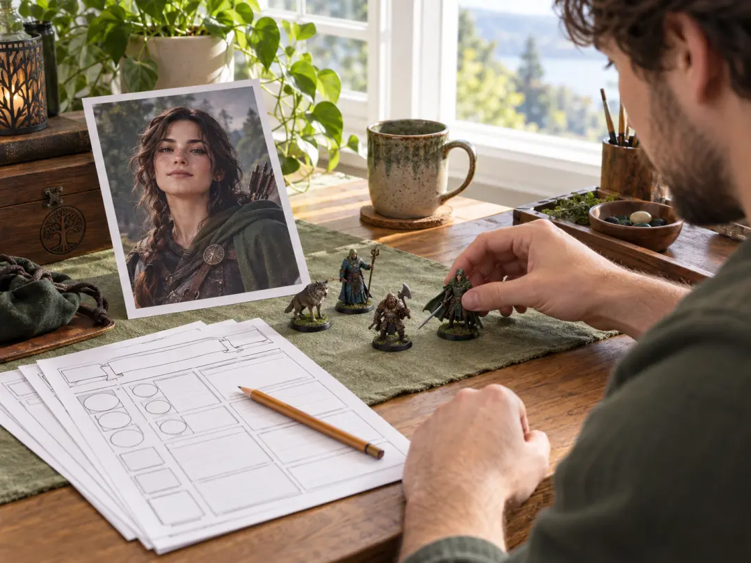 Tabletop player building a character portrait from a photo at a bright desk