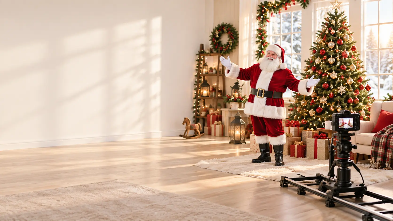 Warm holiday studio with Santa, a decorated tree, and space for a personal greeting