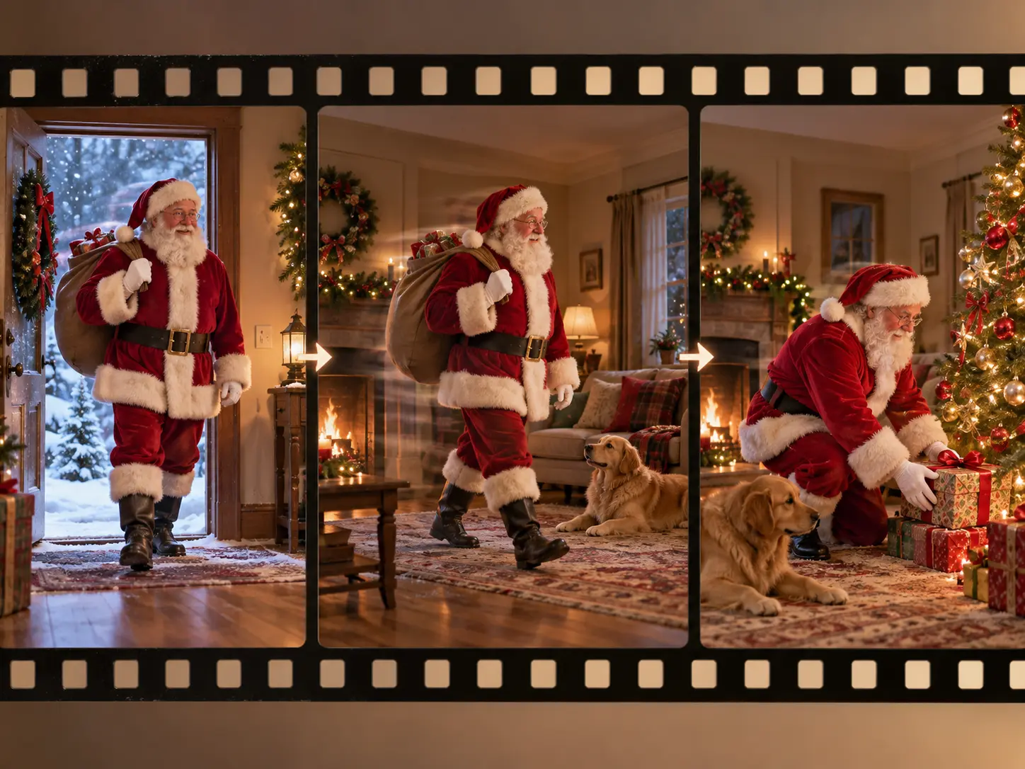 Santa moving from a snowy doorway to a gift scene with timed action notes