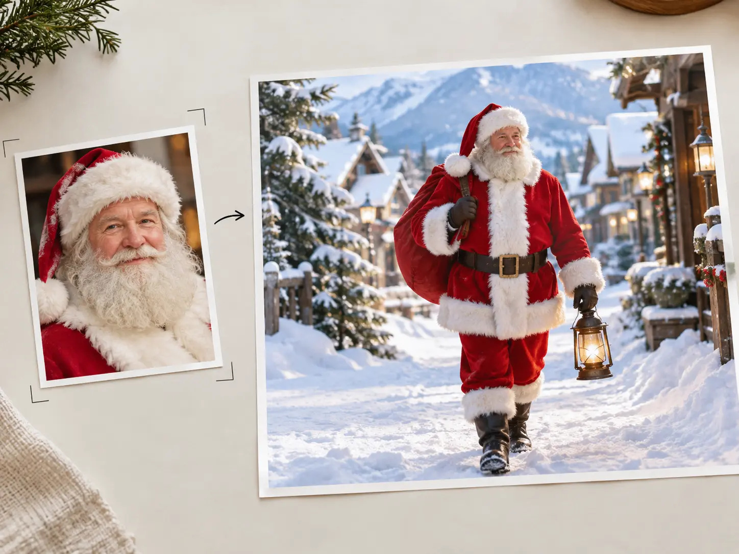 Reference image and text prompt defining Santa as the character in a snowy scene