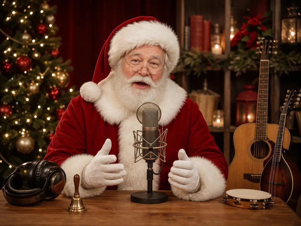 Santa speaking a scripted greeting with narration notes, uploaded audio, and holiday music cues