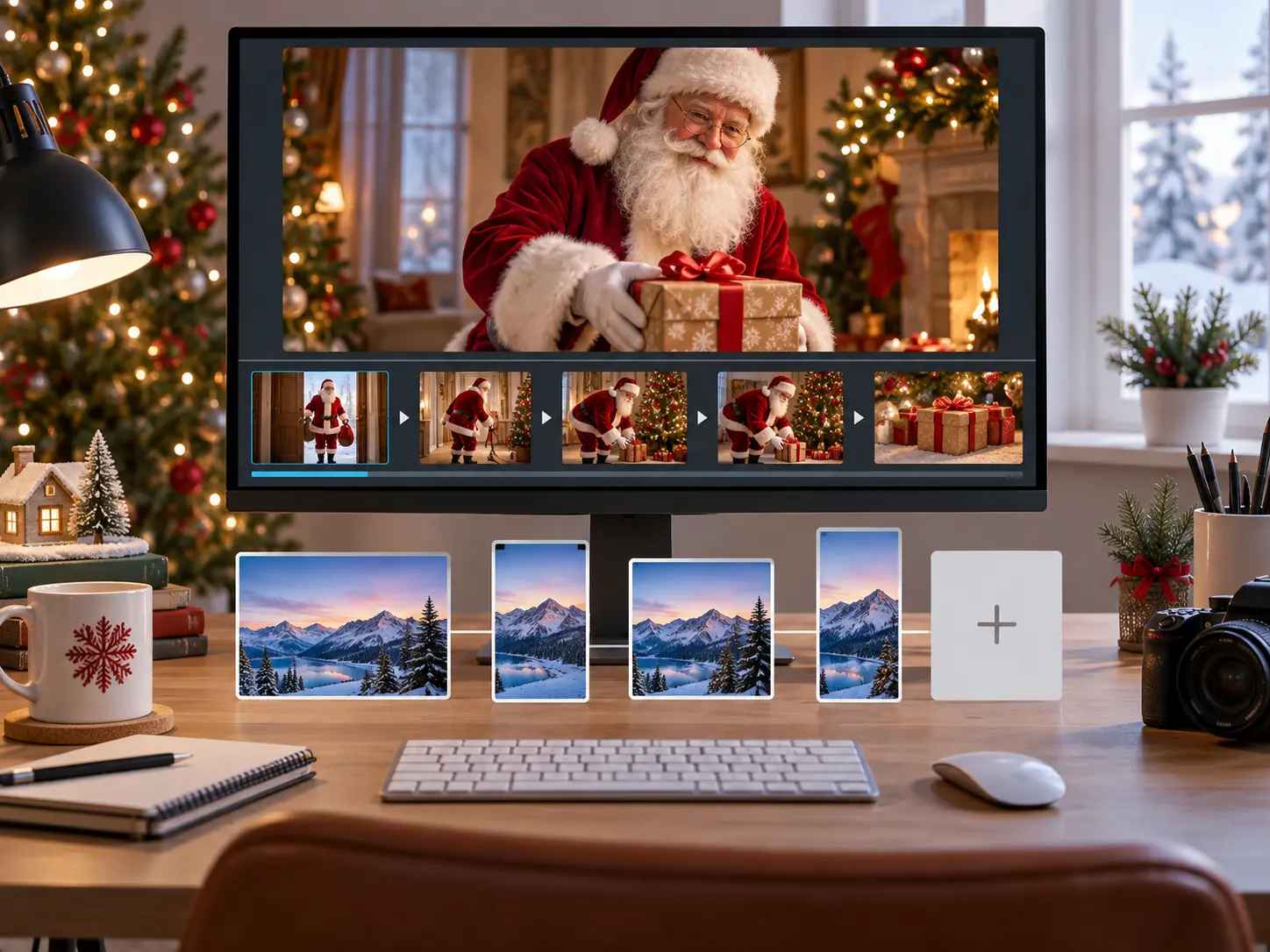 Creator revising Santa action and pacing before exporting an MP4 holiday video