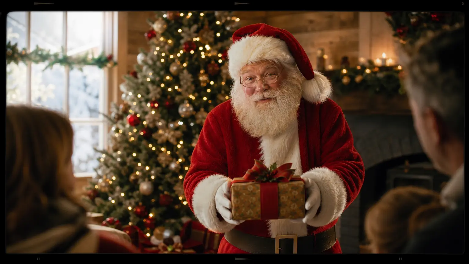 Santa beside a decorated tree while a creator plans scenes and writes a holiday message